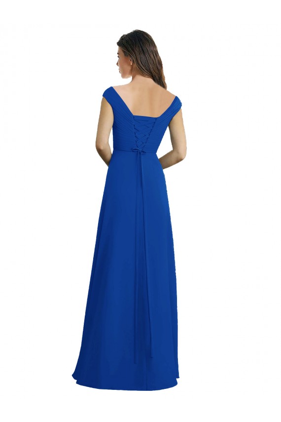 Bleu roi Trapèze Col V Mousseline Longue Robes demoiselle d'honneur Pas Cher