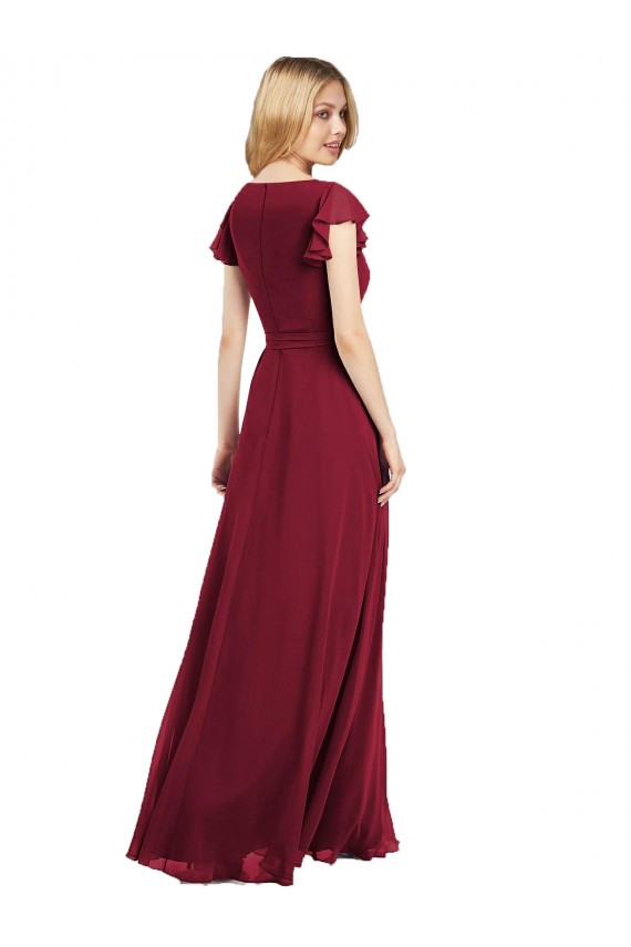 Bleu roi Trapèze Col V Mousseline Longue Robes demoiselle d'honneur Pas Cher