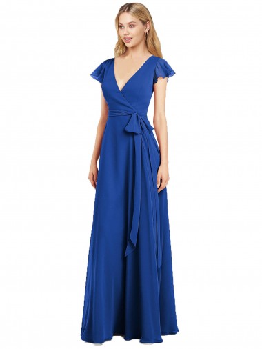 Bleu roi Trapèze Col V Mousseline Longue Robes demoiselle d'honneur Pas Cher