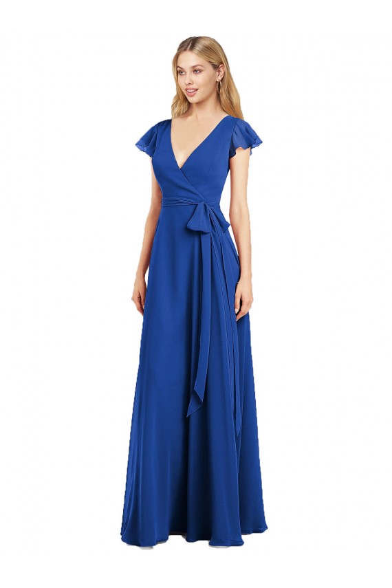 Bleu roi Trapèze Col V Mousseline Longue Robes demoiselle d'honneur Pas Cher