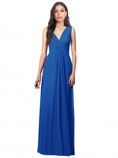 Bleu roi Trapèze Col V Mousseline Longue Robes demoiselle d'honneur Pas Cher