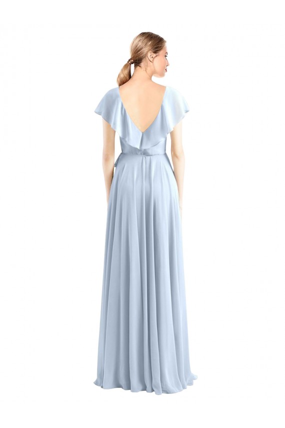 Bleu roi Trapèze Col V Mousseline Longue Robes demoiselle d'honneur Pas Cher