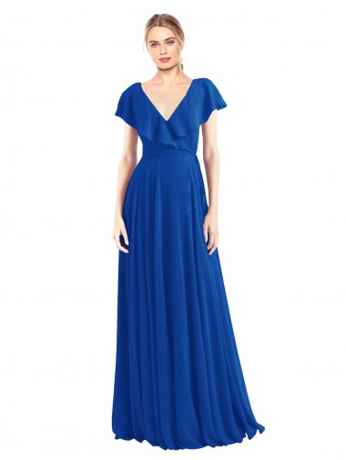 Bleu roi Trapèze Col V Mousseline Longue Robes demoiselle d'honneur Pas Cher