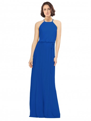 Bleu roi Trapèze Col bijou Mousseline Longue Robes demoiselle d'honneur Pas Cher