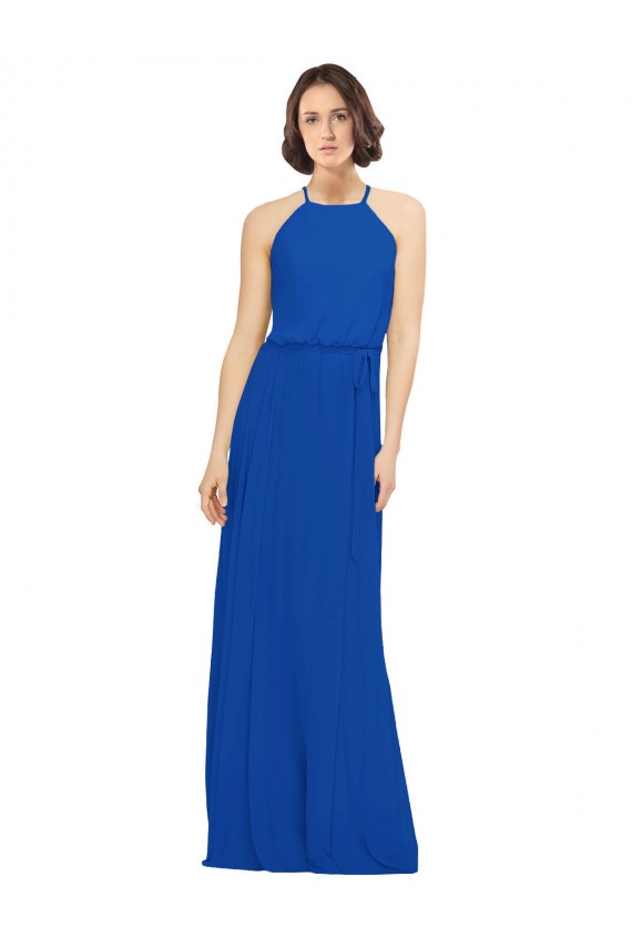 Bleu roi Trapèze Col bijou Mousseline Longue Robes demoiselle d'honneur Pas Cher