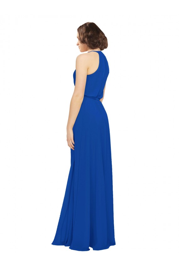 Bleu roi Trapèze Col bijou Mousseline Longue Robes demoiselle d'honneur Pas Cher