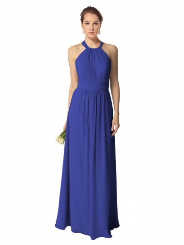 Bleu roi Trapèze Licou Mousseline Longue Robes demoiselle d'honneur Pas Cher