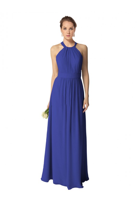 Bleu roi Trapèze Licou Mousseline Longue Robes demoiselle d'honneur Pas Cher