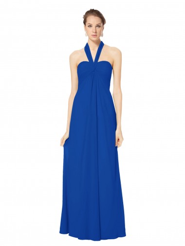 Bleu roi Trapèze Licou Mousseline Longue Robes demoiselle d'honneur Pas Cher