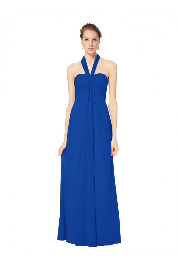 Bleu roi Trapèze Licou Mousseline Longue Robes demoiselle d'honneur Pas Cher