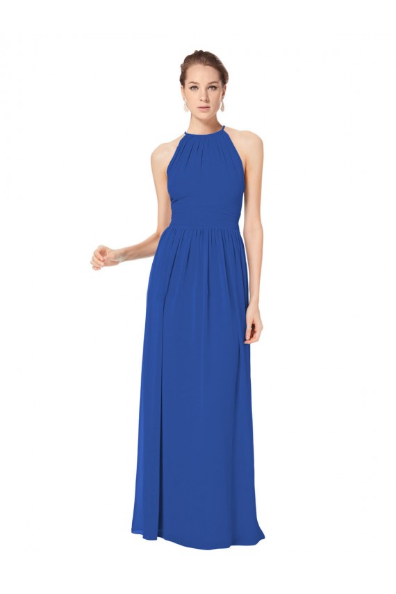 Bleu roi Trapèze Licou Mousseline Longue Robes demoiselle d'honneur Pas Cher