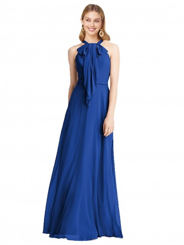 Bleu roi Trapèze Licou Mousseline Longue Robes demoiselle d'honneur Pas Cher