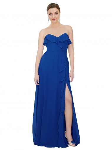 Bleu roi Trapèze Sans bretelle Mousseline Longue Robes demoiselle d'honneur Pas Cher