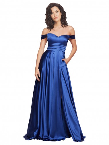 Bleu roi Trapèze Épaule Dénudée Balayage train Satiné Stretch Longue Formelles Robes demoiselle d'honneur / Robes de soirée / Robes de bal Pas Cher