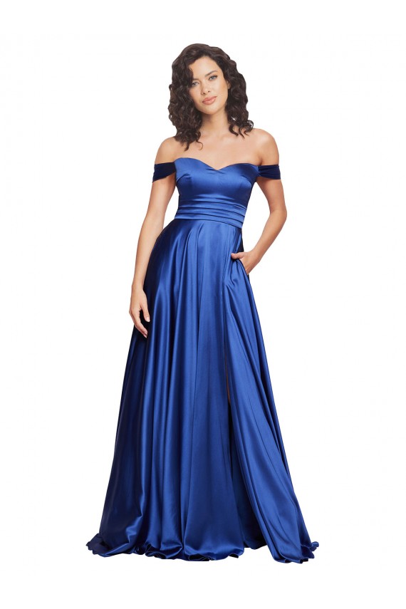 Bleu roi Trapèze Épaule Dénudée Balayage train Satiné Stretch Longue Formelles Robes demoiselle d'honneur / Robes de soirée / Robes de bal Pas Cher