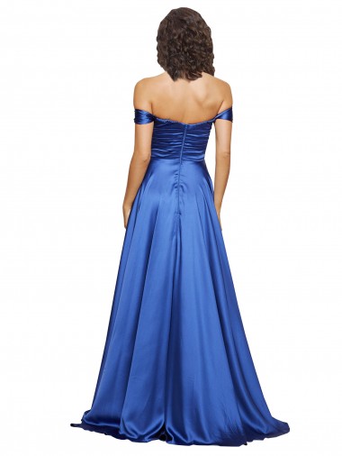 Bleu roi Trapèze Épaule Dénudée Balayage train Satiné Stretch Longue Formelles Robes demoiselle d'honneur / Robes de soirée / Robes de bal