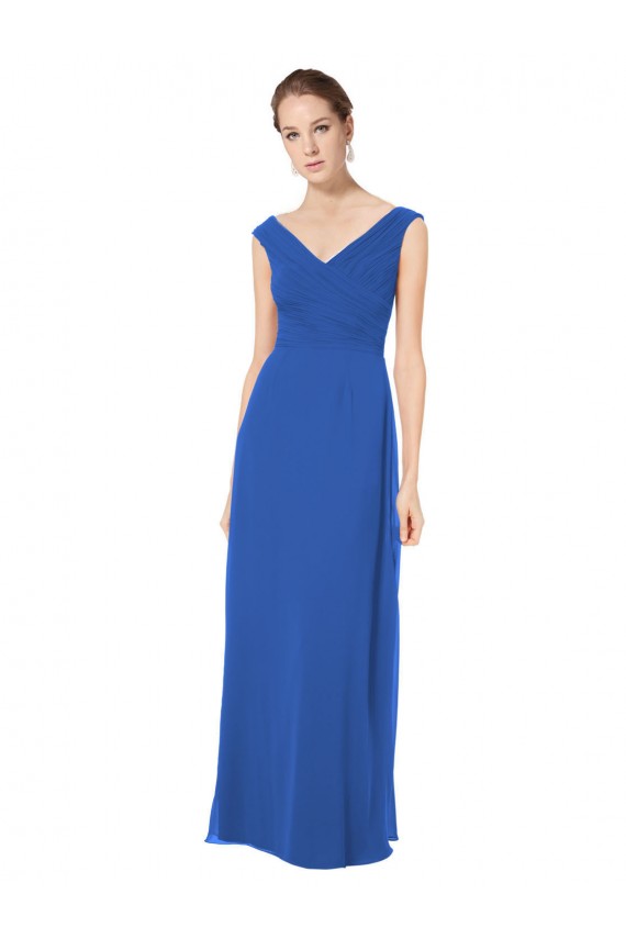 Bleu roi Trapèze Épaule Dénudée Col V Mousseline Longue Robes demoiselle d'honneur Pas Cher