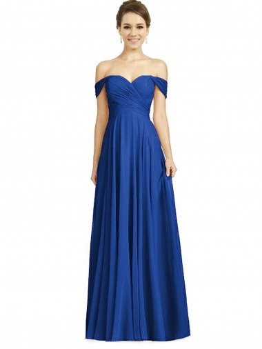 Bleu roi Trapèze Épaule Dénudée Mousseline Longue Robes demoiselle d'honneur Pas Cher