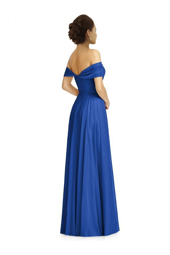 Bleu roi Trapèze Épaule Dénudée Mousseline Longue Robes demoiselle d'honneur Pas Cher