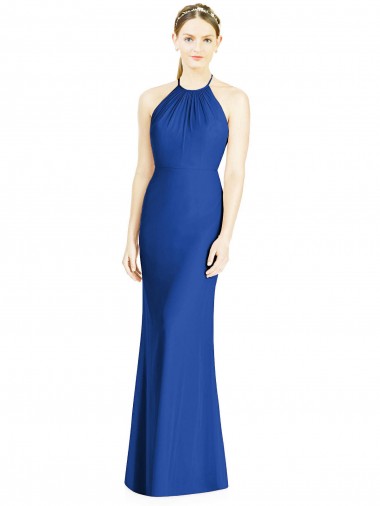 Bleu roi Trompette Licou Col Haut Mousseline Longue Robes demoiselle d'honneur Pas Cher