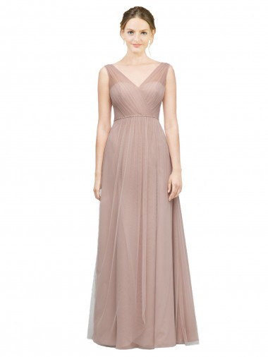 Blush Trapèze Col V Tulle Longue Robes demoiselle d'honneur Pas Cher