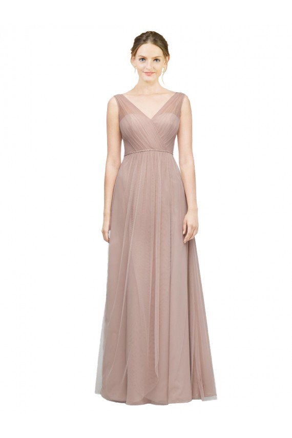 Blush Trapèze Col V Tulle Longue Robes demoiselle d'honneur Pas Cher