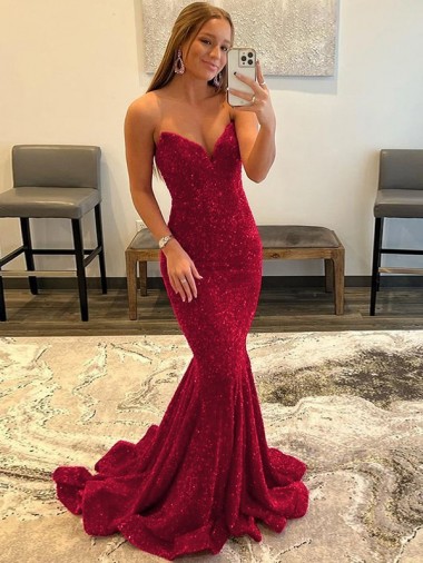 Bordeaux Fourreau Balayage train Paillettes Velours Longue Robes de bal Pas Cher