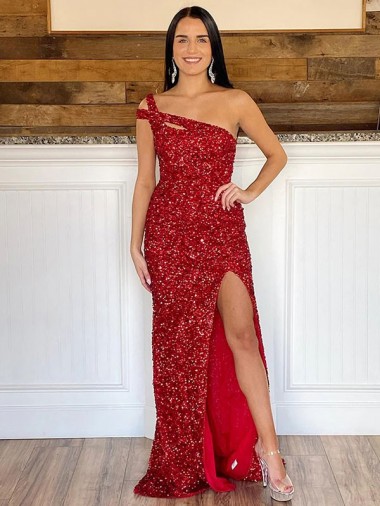 Bordeaux Fourreau Balayage train Paillettes Velours Longue Robes de bal Pas Cher