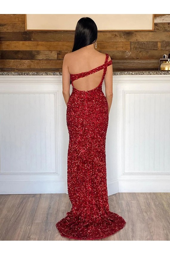Bordeaux Fourreau Balayage train Paillettes Velours Longue Robes de bal Pas Cher
