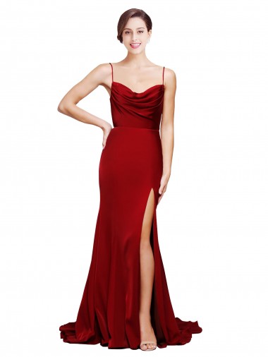 Bordeaux Fourreau Bretelles spaghetti Balayage train Satiné Stretch Longue Formelles Robes demoiselle d'honneur / Robes de soirée / Robes de bal Pas Cher