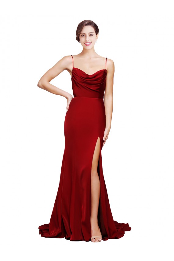 Bordeaux Fourreau Bretelles spaghetti Balayage train Satiné Stretch Longue Formelles Robes demoiselle d'honneur / Robes de soirée / Robes de bal Pas Cher