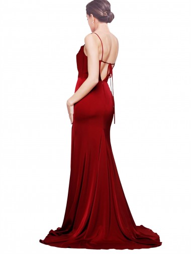 Bordeaux Fourreau Bretelles spaghetti Balayage train Satiné Stretch Longue Formelles Robes demoiselle d'honneur / Robes de soirée / Robes de bal