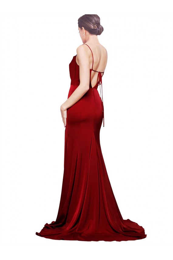 Bordeaux Fourreau Bretelles spaghetti Balayage train Satiné Stretch Longue Formelles Robes demoiselle d'honneur / Robes de soirée / Robes de bal Pas Cher
