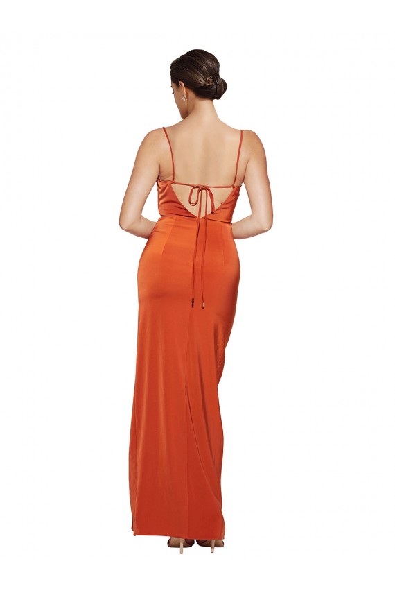 Rust Fourreau Bretelles spaghetti Balayage train Satiné Stretch Longue Formelles Robes demoiselle d'honneur / Robes de soirée / Robes de bal Pas Cher