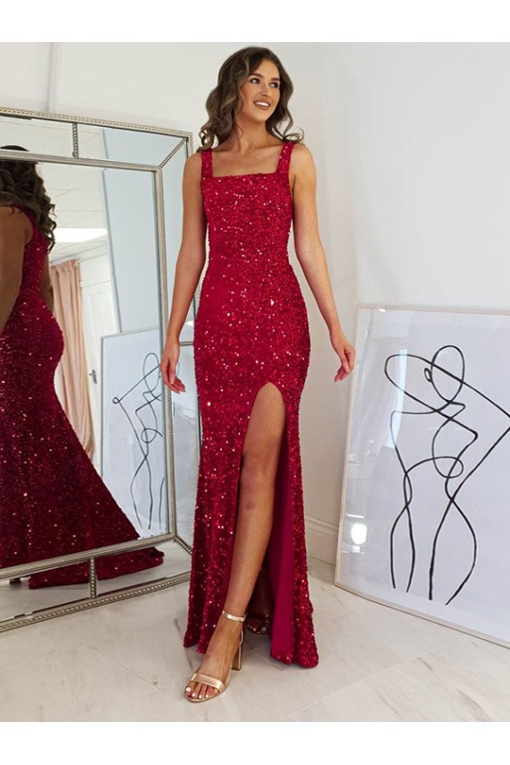 Bordeaux Fourreau Col Carré Paillettes Velours Longue Robes de bal Pas Cher