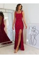 Bordeaux Fourreau Col Carré Paillettes Velours Longue Robes de bal Pas Cher