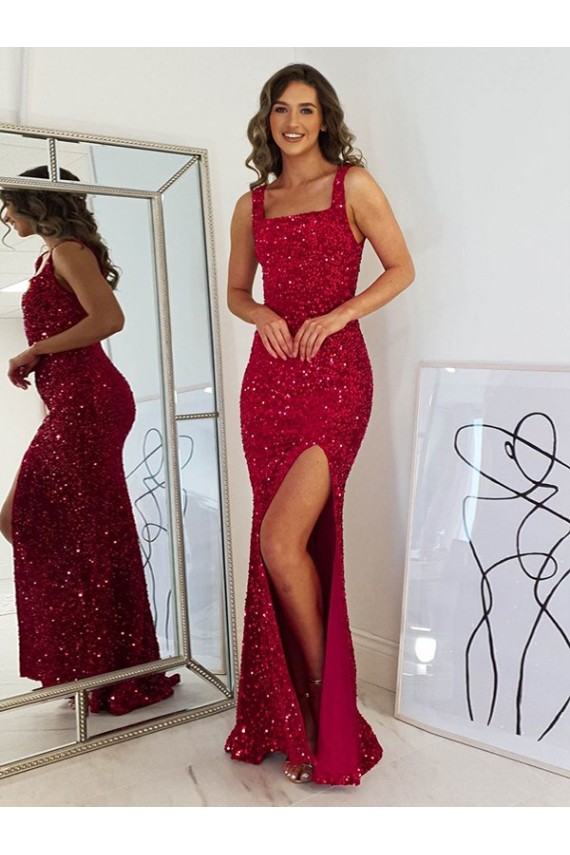 Bordeaux Fourreau Col Carré Paillettes Velours Longue Robes de bal Pas Cher