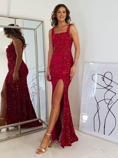 Bordeaux Fourreau Col Carré Paillettes Velours Longue Robes de bal Pas Cher
