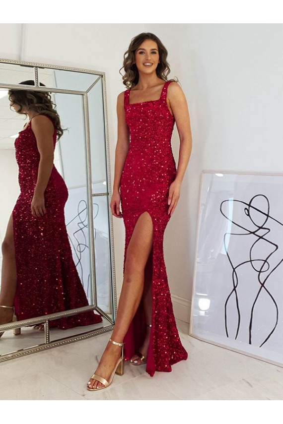 Bordeaux Fourreau Col Carré Paillettes Velours Longue Robes de bal Pas Cher