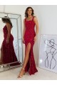 Bordeaux Fourreau Col Carré Paillettes Velours Longue Robes de bal Pas Cher