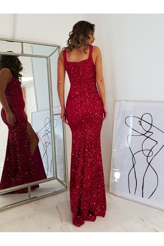 Bordeaux Fourreau Col Carré Paillettes Velours Longue Robes de bal Pas Cher