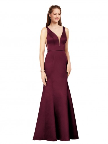 Bordeaux Fourreau Col V Satiné Longue Formelles Robes demoiselle d'honneur / Robes de soirée / Robes de bal Pas Cher