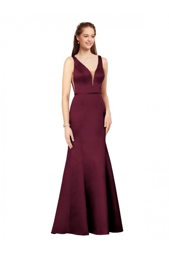 Bordeaux Fourreau Col V Satiné Longue Formelles Robes demoiselle d'honneur / Robes de soirée / Robes de bal Pas Cher