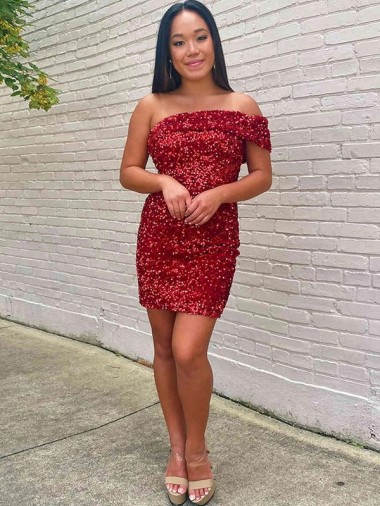 Bordeaux Fourreau Courte Paillettes Velours Courte Robes de bal Pas Cher