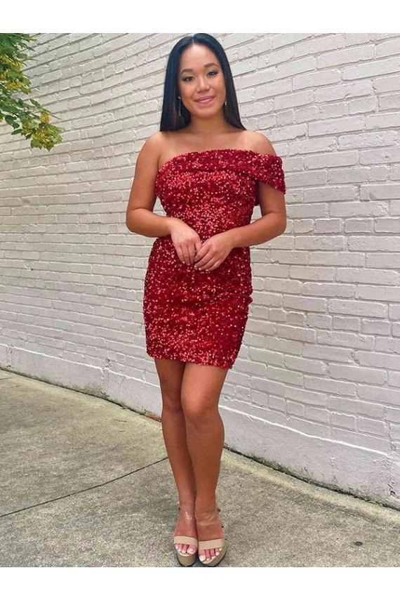Bordeaux Fourreau Courte Paillettes Velours Courte Robes de bal Pas Cher