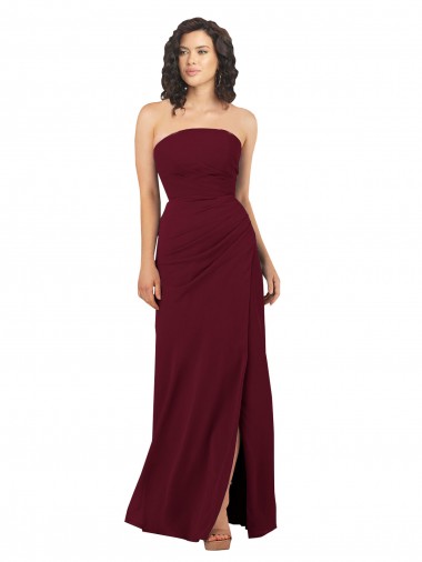 Bordeaux Fourreau Sans bretelle Mousseline Longue Robes demoiselle d'honneur Pas Cher