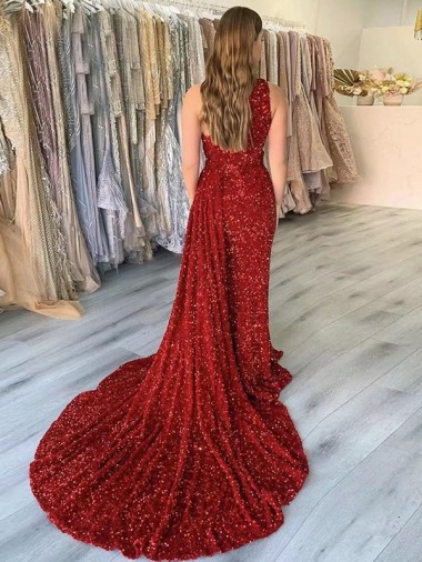 Bordeaux Fourreau Traîne moyenne Paillettes Velours Longue Robes de bal
