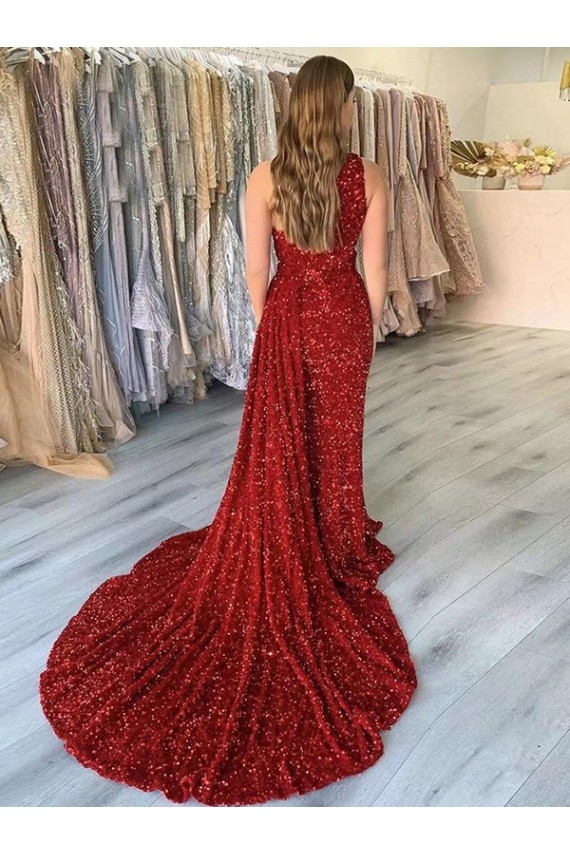 Bordeaux Fourreau Traîne moyenne Paillettes Velours Longue Robes de bal Pas Cher