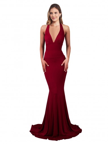 Bordeaux Sirène Licou Col V Spandex Longue Formelles Robes demoiselle d'honneur / Robes de soirée / Robes de bal Pas Cher