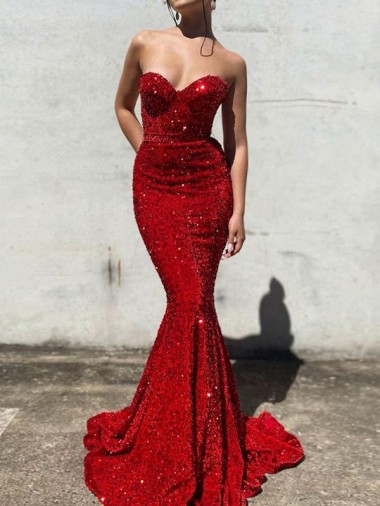 Bordeaux Sirène Traîne moyenne Paillettes Velours Longue Robes de bal Pas Cher